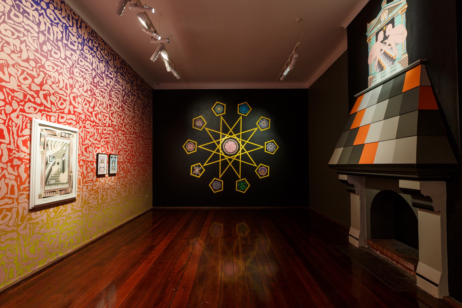 Jess Johnson’s Hex Nemesis exhibition sees FAC’s gallery covered with wallpaper featuring fleshy figures in various poses of supplication. Embedded amongst this installation is a series of her drawings that showcase her signature mind-bending reality, filled with impossible architecture and humanoid figures. The gallery also features a geometric installation built directly onto the fireplace with one of Johnson’s designs sitting above it.