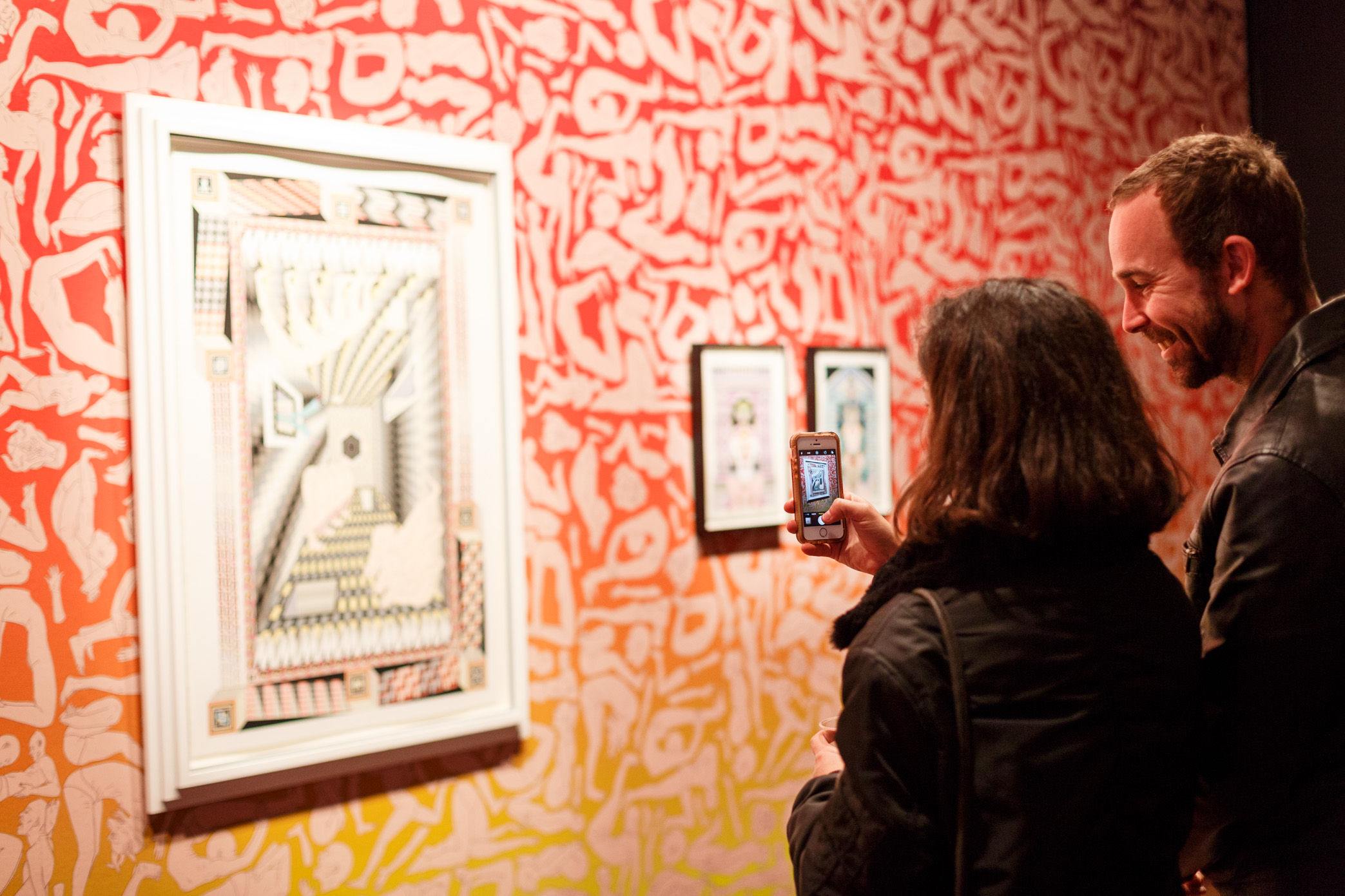 Jess Johnson’s Hex Nemesis exhibition sees FAC’s gallery covered with wallpaper featuring fleshy figures in various poses of supplication. Embedded amongst this installation is a series of her drawings that showcase her signature mind-bending reality, filled with impossible architecture and humanoid figures. The gallery also features a geometric installation built directly onto the fireplace with one of Johnson’s designs sitting above it.