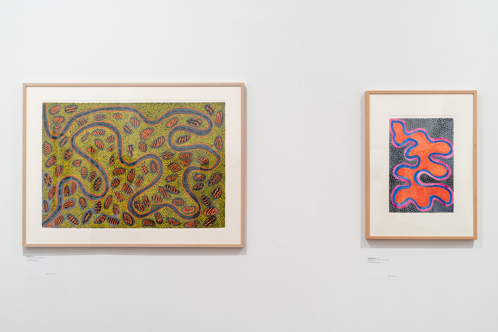 Butcher Cherel Janangoo, Bambilyi, 2005, atelier acrylic on watercolour paper, 76 x 111cm. Butcher Cherel Janangoo, Mayalgna River, 2008, acrylic gouache on 100% cotton rag paper. Both images courtesy of Mangkaja Arts. Photography by Pixel Poetry