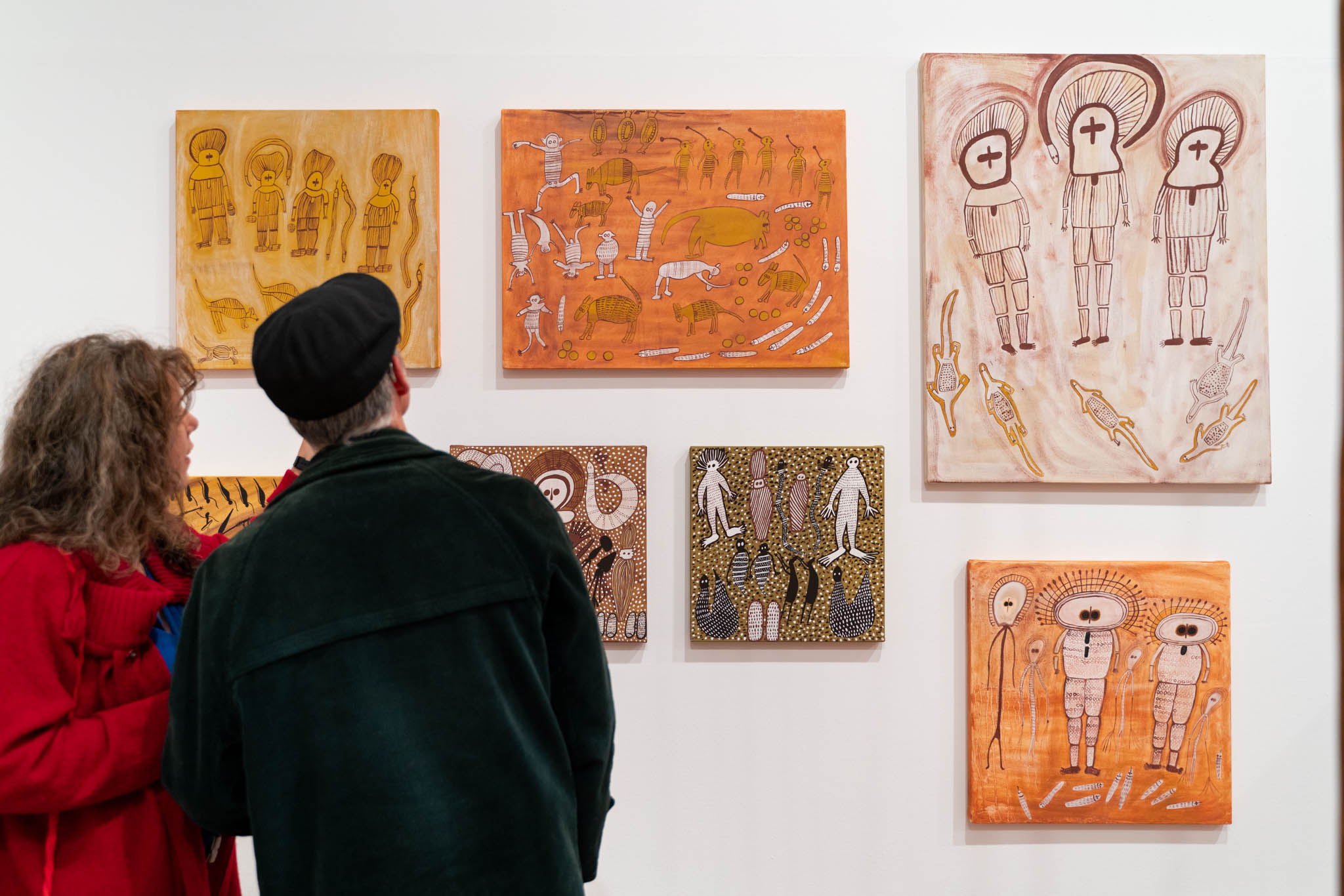 Clarrie Djanghara, Kira Kiro Projects, Wandjina with Wunggurr and Bush Wallaby, Agula with the Animals, The Beginning of the Wet Season, Wandjina talking to the Li, 2021, natural pigment on canvas, dimensions variable. Photography by Pixel Poetry